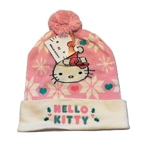 Hello Kitty Christmas Winter Knit Hat Beanie NEW Holly Leaf Snow Flake Pink